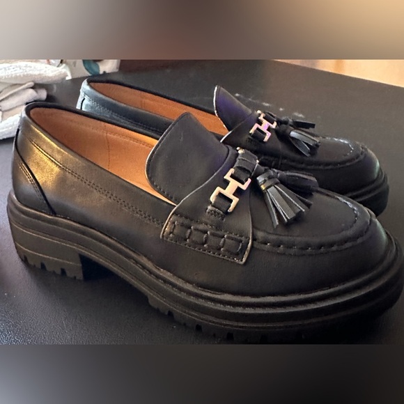 New Womens Lug Sole Platform Mid Chunky Heel Loafers Classic Round Toe Slip - Picture 4 of 11